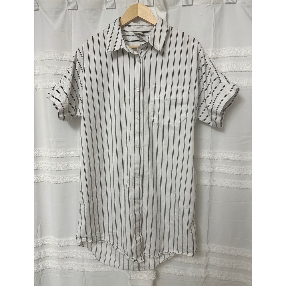 A New Day Womens Small White Black Striped Short Sleeve Button Down Shirt Cotton